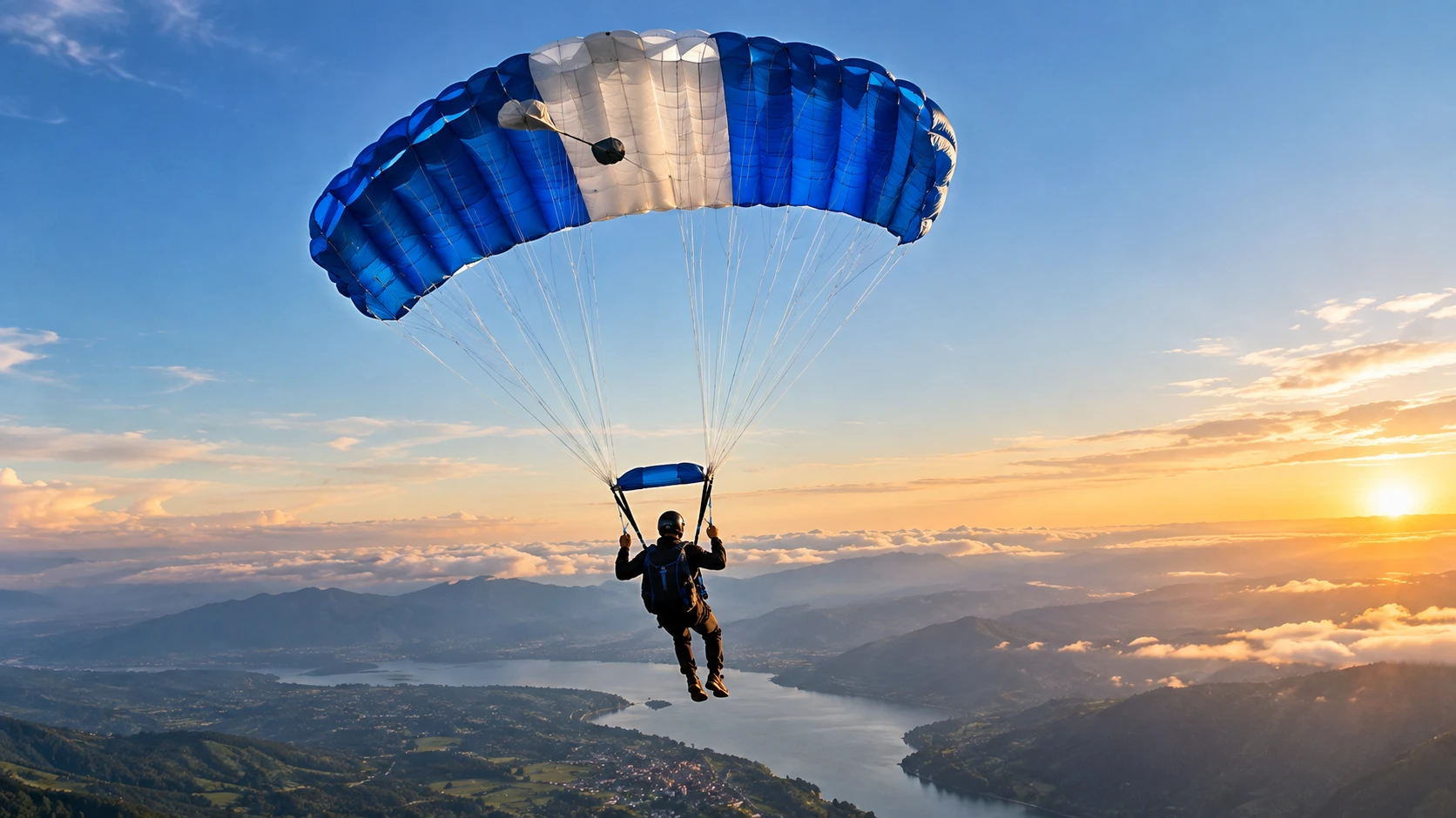 A ram-air parachute canopy in blue and white flying above a lake and mountain valley at sunrise, with the jumper on the controls.